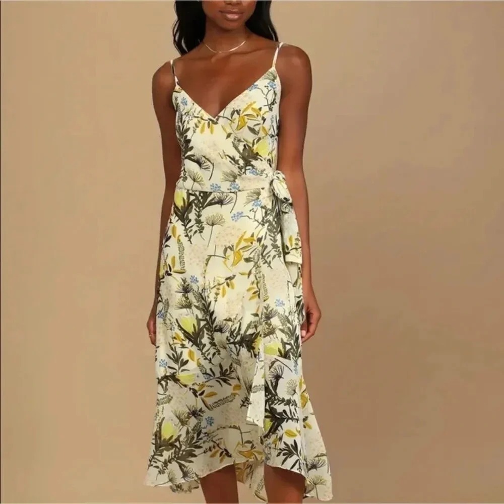 Lulus Beige Floral Wrap Midi Dress High Low Sleeveless Wedding Guest NWT Small